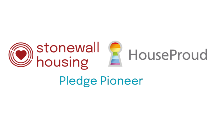 Accreditation logo that reads "Stonewall Housing, HouseProud pledge pioneer"