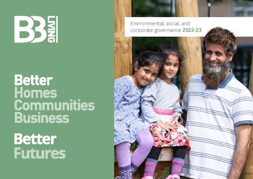 Image showing the front cover of our ESG report. Includes a photo of a father and two daughters plus text that reads "Better homes, communities, business. Better futures".