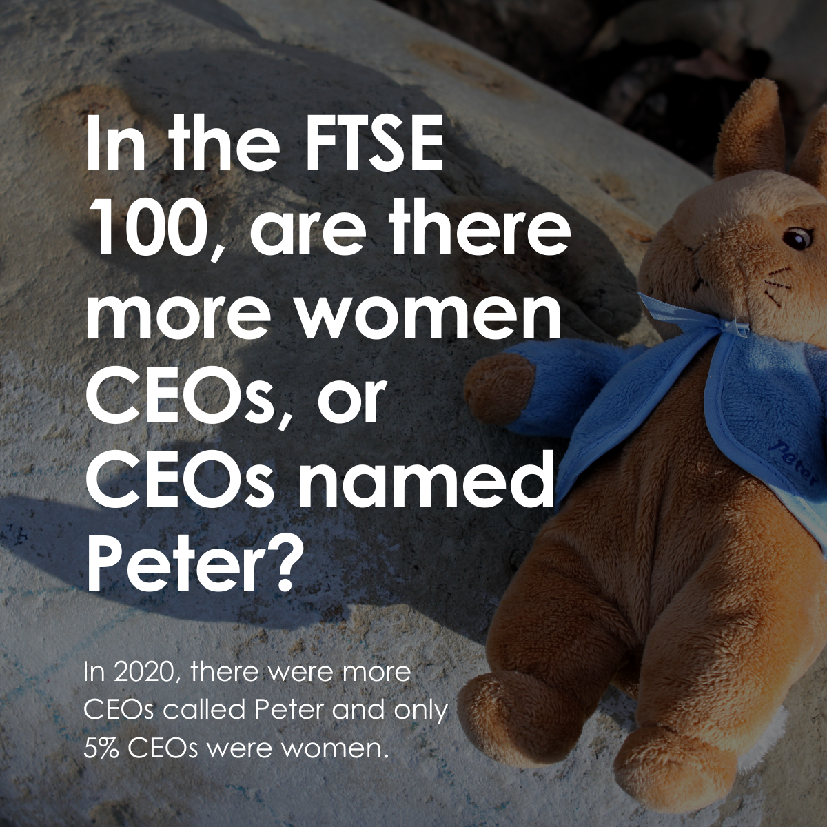 Image reading "In the FTSE 100, are there more women CEOs, or CEOs named Peter? In 2020, there were more CEOs called Peter and only 5% CEOs were women."