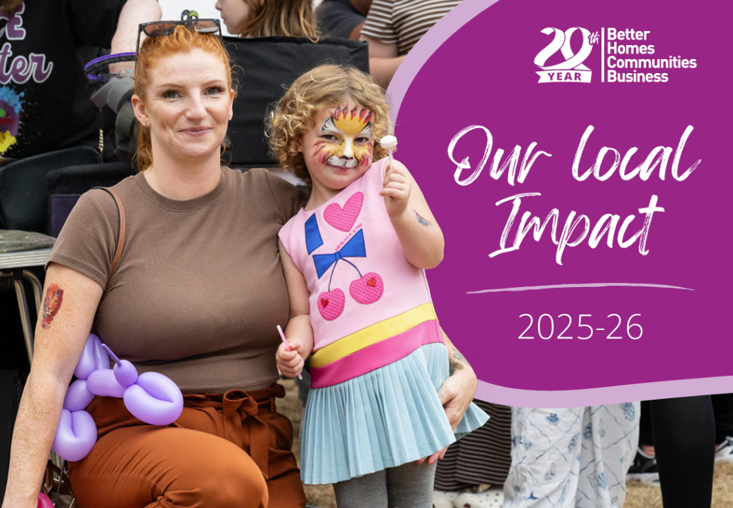 A smiling woman and a child with face painting. Writing that says "Our Local Impact 2025-26"
